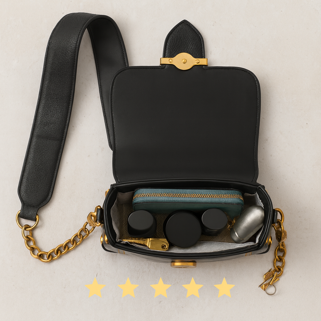 Interior reveal — organised pockets with 5-star review