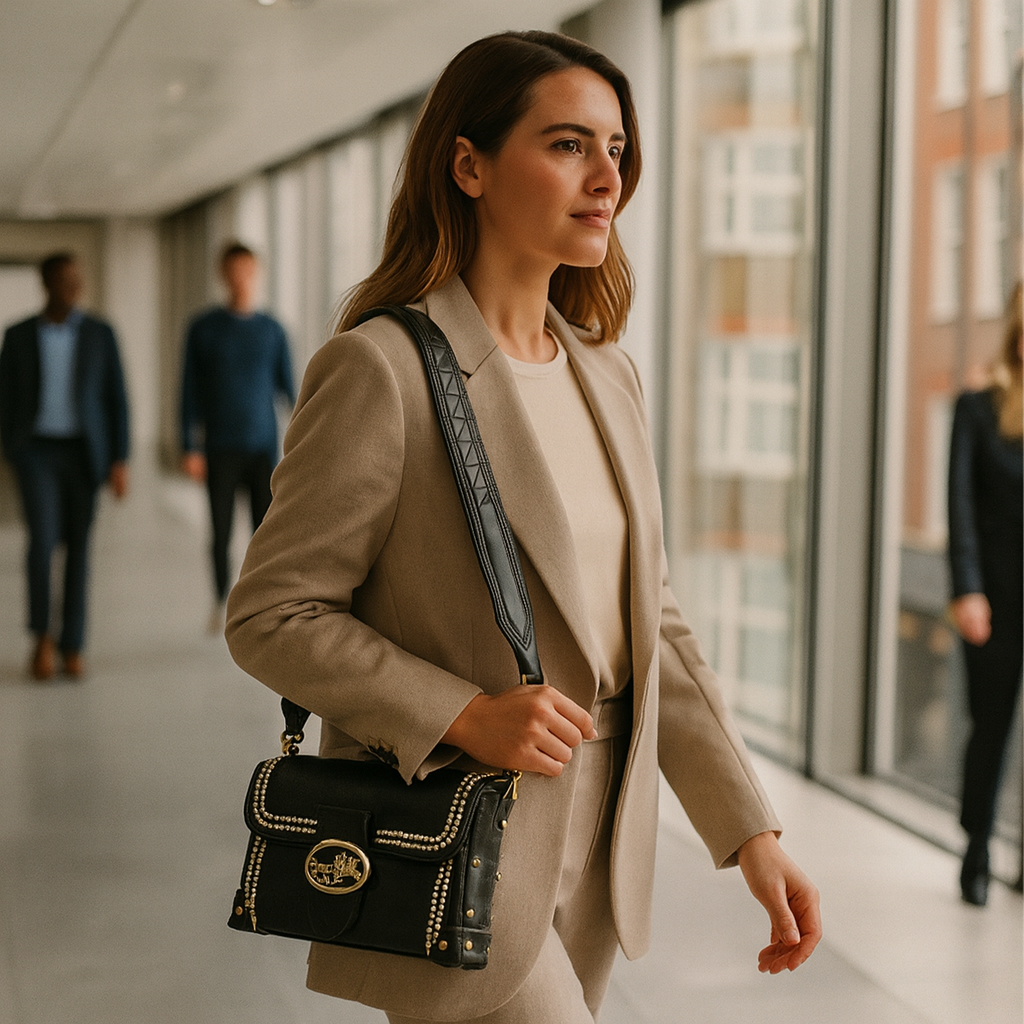 The Retro Luxe Edit — worn in office, wide strap visible