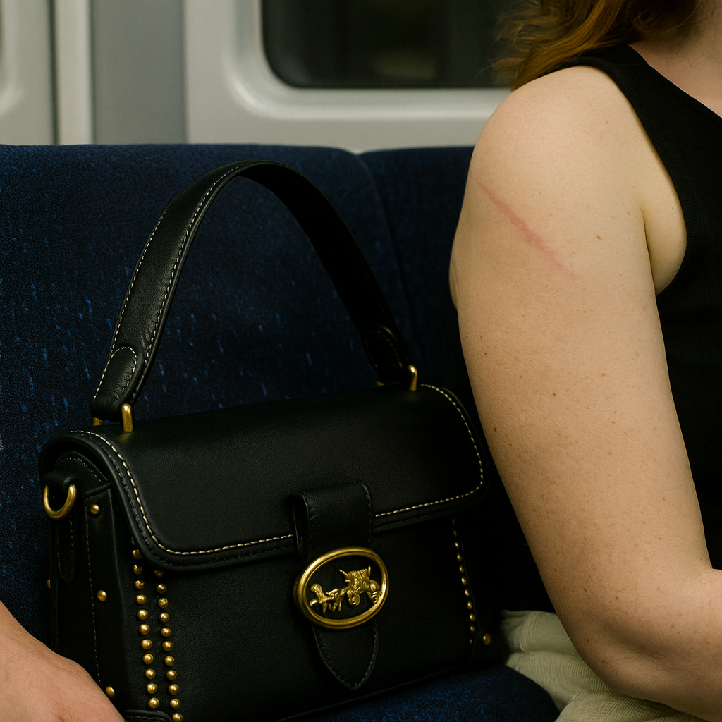Lifestyle — bag worn on transit, black colourway