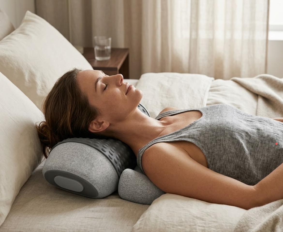 Woman using Neck Restore device at home