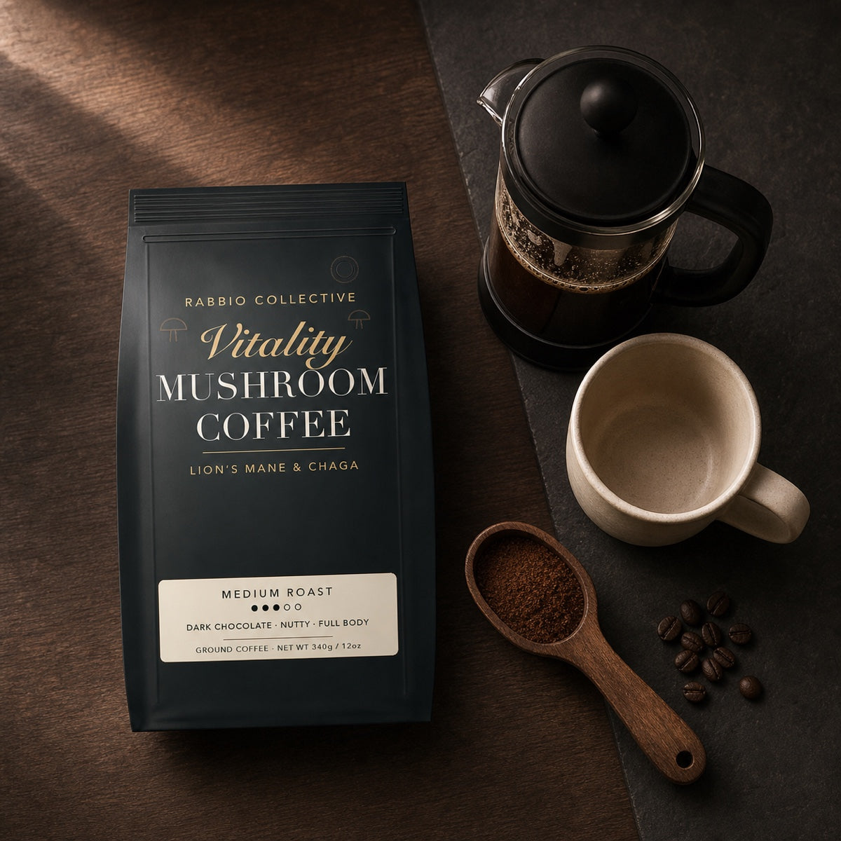Vitality Mushroom Coffee flatlay with French press and mug