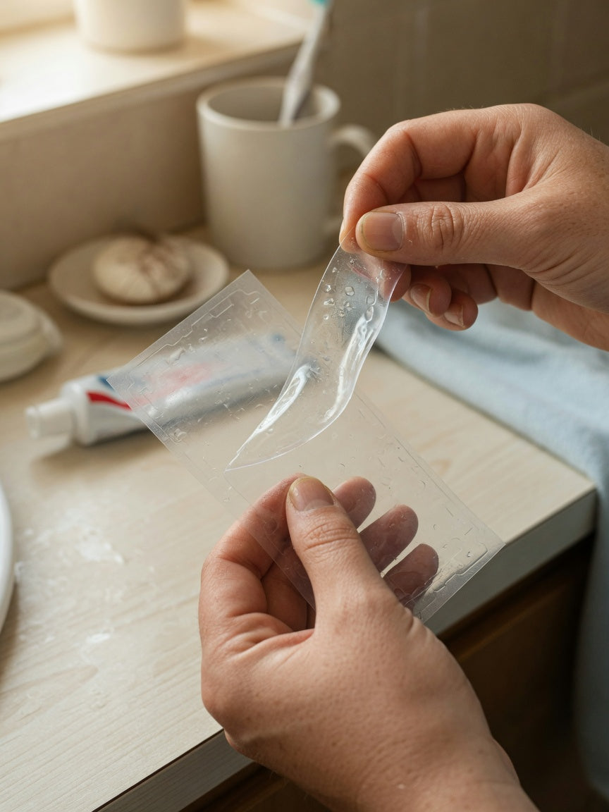 Close-up of a PAP+ whitening strip being peeled from its backing