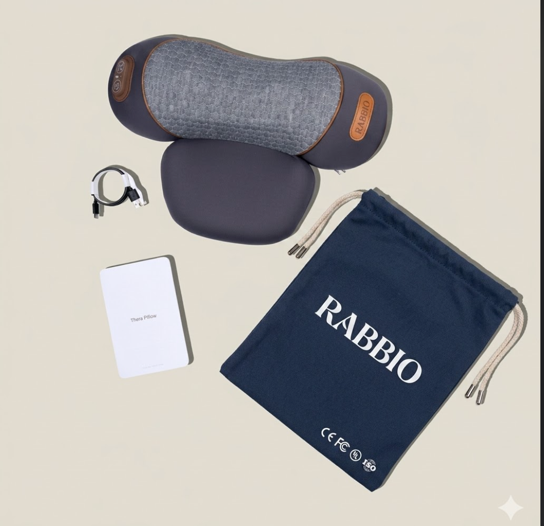 Neck Restore device, charging cable, quick start guide and RABBIO carry bag